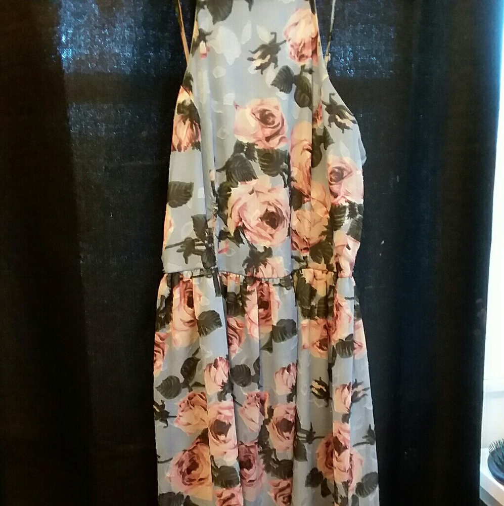 Blue and Pink Rose bow tie back dress